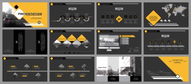 Şablon sunumu, Powerpoint. Karanlık bir arka planda iş kaymasının unsurları. Infograph vektörü. Kartpostal, yıllık rapor, pazarlama, bayrak reklamcılığı, tasarım hizmetleri, eşkenar dörtgen, kitapçık, ofis işi, bilgi grafiği, SEO, sayfa, daire