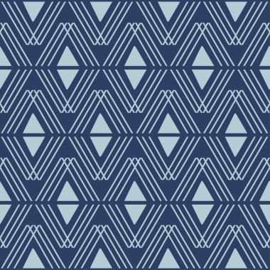 Geometrik basit orta yüzyıl üçgenleri olan pürüzsüz desen. Modern tekstil, kumaş, ev dekoru, duvar kağıdı için klasik, eski tarz doku. 60 'ların soyut bohem geçmişi. Mavi renkler