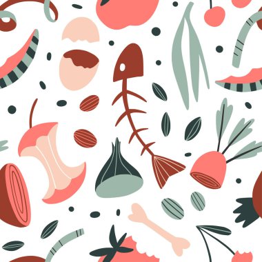 Organik elementler kusursuz desen. Ev yemeği işleme, iç gübreleme. Düz stil mutfak artıkları ve fasulye kartı. Çevre dostu kavram, ekolojik yaşam tarzı 