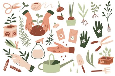 Bahçe işlerinin temsilci el çizimleri. Şirin bahçe işleri aletler, tohumlar, saksı, sulama kutusu. Genç bitkileri tutan eller. Bahçıvan çiftliği ve çiçekçi için resimler. Bahar, yaz zamanı.