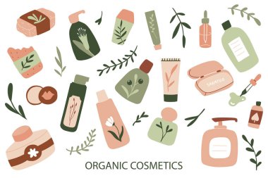 Organik kozmetik ambalajlar: şişeler, kavanozlar, tüpler, sabunlar. Bitkisel kozmetik koleksiyonu. Düz elle çizilmiş stil. Kadın şeyleri, eko kızlar aksesuar konsepti. Doğal yüz bakım ürünleri. Vektör illüstrasyonu