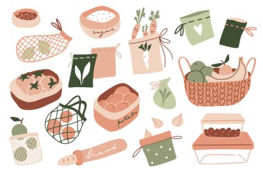 Sıfır atık mutfak. Düz eko yaşam tarzı elementleri. El çizimi çizimi. Yeniden kullanılabilir ürünlerin düz vektör kümesi: sepet, market poşetleri, tekstil poşetleri. Yeşil olsun, plastik olmasın, gezegen kavramını kaydedin.