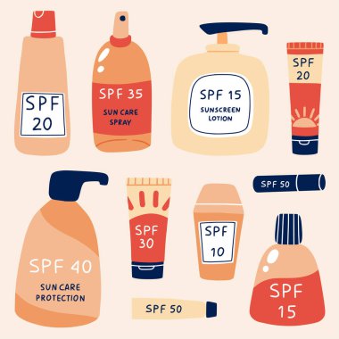 Güneş güvenlik koleksiyonu. Krem, losyon, ruj, sprey gibi faklı güneş kremi ürünleri tüpler ve şişeler. El yapımı yaz kozmetiği. Güneş kremi, cilt koruması, cilt bakım ürünleri. Vektör