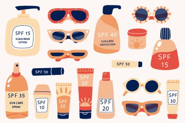 Güneş güvenlik koleksiyonu. Krem, losyon, ruj, sprey gibi faklı güneş kremi ürünleri tüpler ve şişeler. El çizimi yaz kozmetik ürünleri ve farklı güneş gözlükleri. Cilt koruması. Vektör