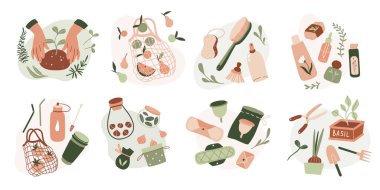 Bir dizi ekoloji ikonu. Sıfır atık yaşam stili çıkartması, parmak izi. Yeniden kullanılabilir aletler, organik kozmetik ürünler, hijyen ürünleri. Vektör düz el çizimi illüstrasyon. Plastik Yok, Geri Dönüşüm, Yeşil Git, Gezegeni Kaydet konsepti