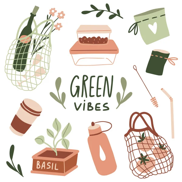 Συλλογή Εικονογράφων Οικολογίας Πράσινο Vibes Κείμενο Χειροποίητη Οικολογική Ζωή Χωρίς — Διανυσματικό Αρχείο