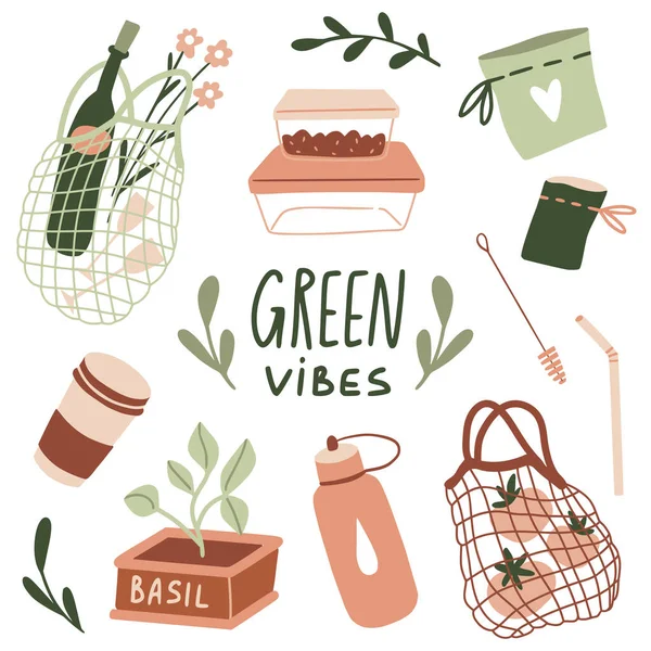 Ecologie Illustraties Collectie Groene Vibes Tekst Met Hand Getekend Eco — Stockvector