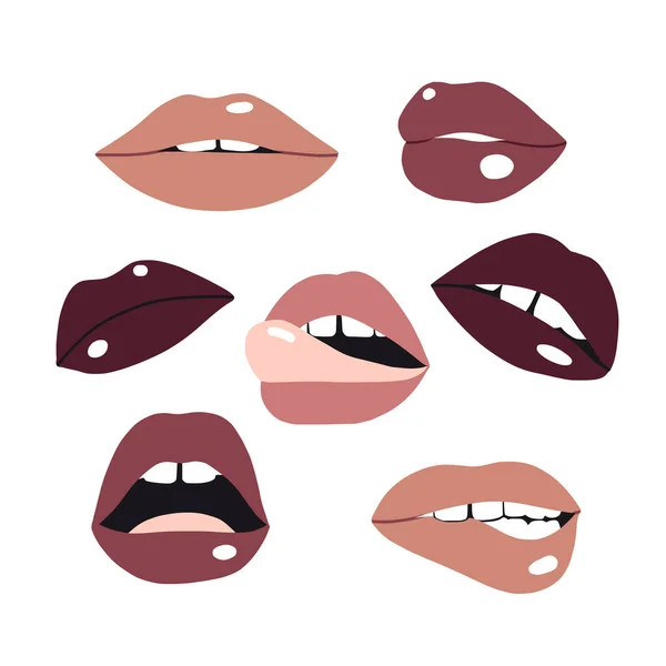 Woman Lip Set Girl Mouths Expressing Different Emotions Trendy Lipstick — Stock Vector