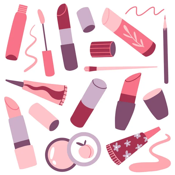 Vrouw Cosmetische Set Schoonheidsproducten Lipgloss Lippenstift Balsem Crème Potlood Make — Stockvector