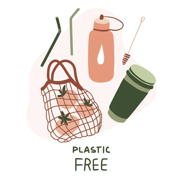 Plastica Libera Carino Stile Vita Eco Elementi Illustrazione Disegnata Mano — Vettoriale Stock