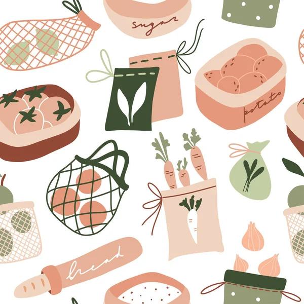 Lindo Patrón Inconsútil Cocina Cero Residuos Textura Vida Ecológica Dibujada — Vector de stock