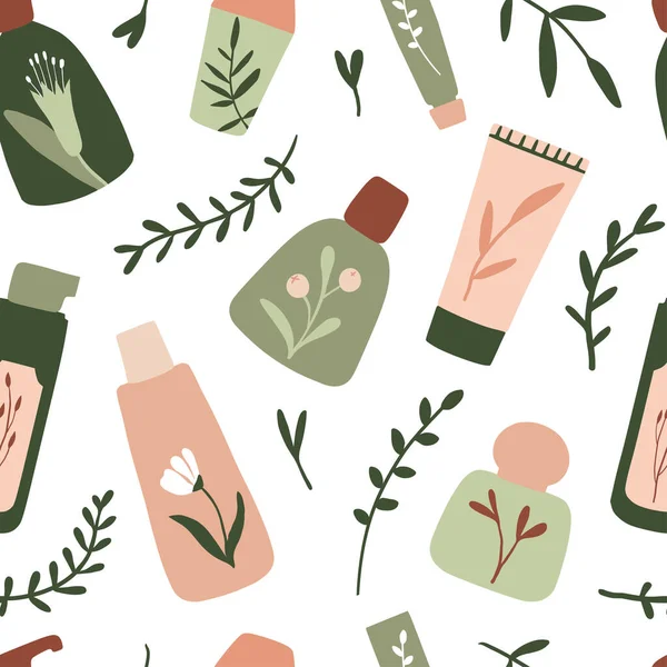 Organik kozmetik desen: şişeler, kavanozlar, tüpler. Bitkisel kozmetik dokusu. Düz elle çizilmiş stil. Kadın şeyleri, eko kızlar aksesuar konsepti. Doğal yüz bakım ürünleri. Vektör illüstrasyonu