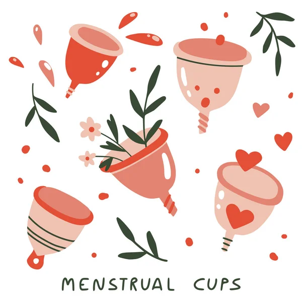 Zero Períodos Desperdício Conjunto Floral Copos Menstruais Reutilizáveis Ecológicos Com —  Vetores de Stock