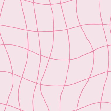 Pembe dama tahtası pürüzsüz desen. Retro moda dalgalar. Geometri. Tekstil, kağıt ve kumaş için Y2K 90 'ların saykodelik dokusu. Çarpık kontrol vektörü. Basit soyut hipnotik yüzey 