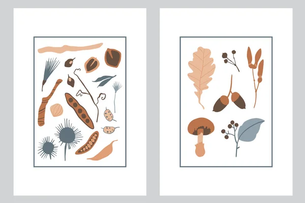 Набор Плакатов Лесными Цветочными Элементами Простые Осенние Отпечатки Цветочный Силуэт — стоковый вектор
