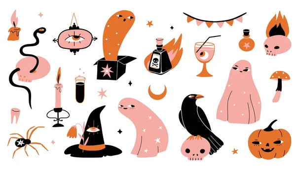 Mutlu Cadılar Bayramı ürkütücü çizimleri. Şirin çizgi film karakterleri ve elementler: balkabağı, hayalet, kedi, kafatası, örümcek, mum, zehir, şapka. Kartlar, yazdırma ve parti dekorasyonu için düz vektör seti
