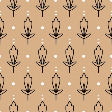 Geometrik basit orta yüzyıl bej renkli boho çiçekleriyle kusursuz desen. Modern tekstil, kumaş, ev dekoru, duvar kağıdı için klasik, eski tarz doku. Soyut bohem 60 'lar arkaplanı.