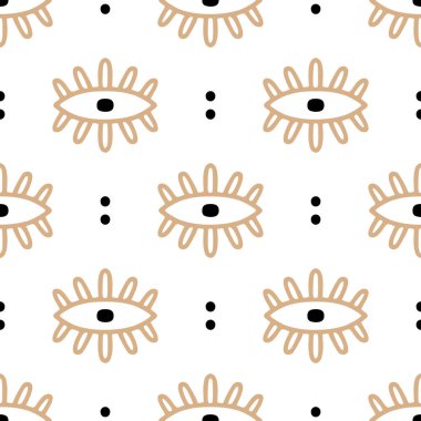 Kusursuz desen ve doğrusal gözler. Vektör. Kumaş, tekstil, duvar kâğıdı, ev dekorasyonu için el yapımı basit minimalist doku. Çizgi çalışması. 60 'ların soyut bohem geçmişi. Eski, eski yüzyılın ortası tarzı