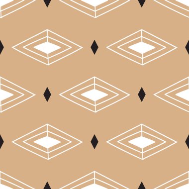 Geometrik basit boho bej, soyut şekilli, dikişsiz desen. Modern tekstil, kumaş, ev dekoru, duvar kâğıdı için antika, yüzyılın ortalarında moda. Bohem 60 'ların arkaplanı