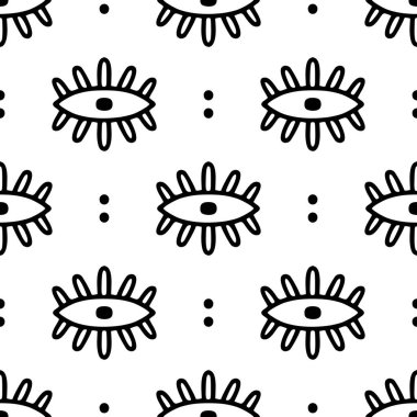 Kusursuz desen ve doğrusal gözler. Vektör. Kumaş, tekstil, duvar kâğıdı, ev dekorasyonu için el yapımı basit minimalist doku. Çizgi çalışması. 60 'ların soyut bohem geçmişi. Eski, eski yüzyılın ortası tarzı