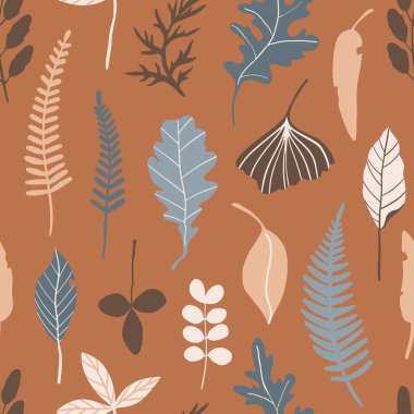 Basit yapraklar sonbaharda pürüzsüz olur. Vektör botanik yüzeyi. Düz çiçekli siluetler grafik tasarım. Kahverengiye el yapımı bitkisel elementler. Tekstil, kağıt, kumaş için modern sonbahar dokusu