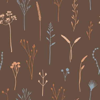Koyu kahverengideki çiçek desenleri. Sonbahar bitkisi yüzeyi. Bitkiler ve yabani çiçek siluetleri. Tekstil, kağıt, kumaş, modern sonbahar dekorasyonu için el çizimi vektör botanik dokusu
