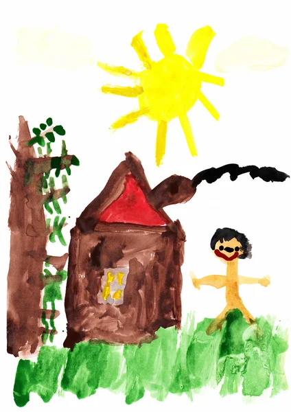 Child 's Drawing "Me and My Home " — стоковое фото