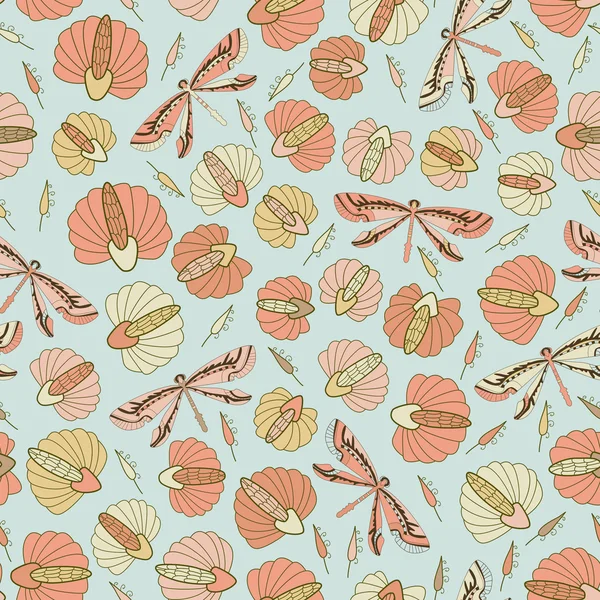 Nahtloses Vintage-Muster mit Blumen und Libellen — Stockvektor