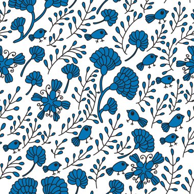 Kuşlar ve çiçeklerle kusursuz desen