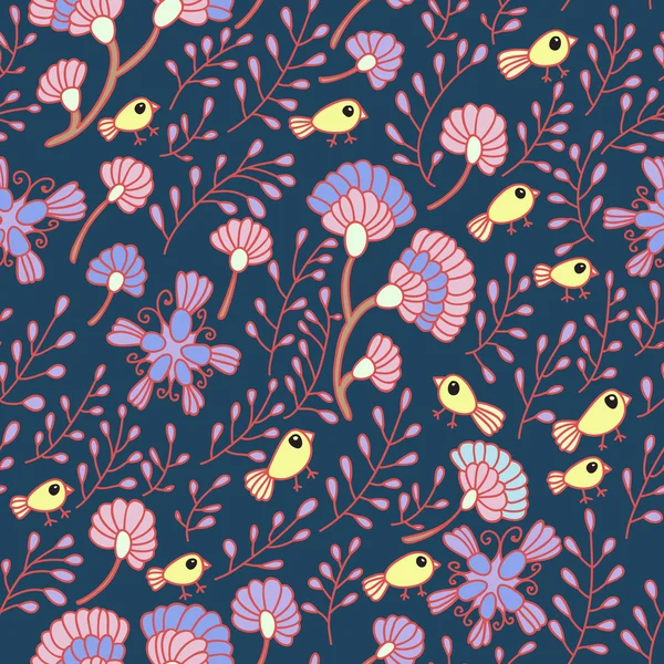 Nahtloses Muster mit Vögeln und Blumen — Stockvektor