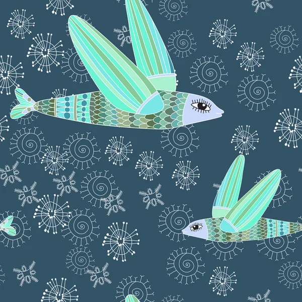 Winter seamless pattern with flying fishes — Stock Vector