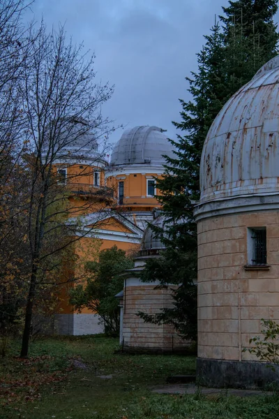 Orangefarbenes Observatoriumsgebäude hinter Fichten im Park — Stockfoto