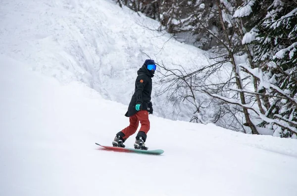 Chica Una Tabla Snowboard Paseos Por Lado Montaña — Foto de Stock