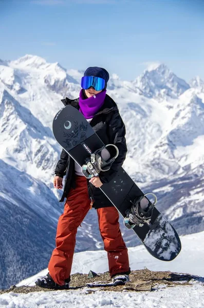Portrait Girl Snowboard Top Snowy Mountain — Stock Photo, Image