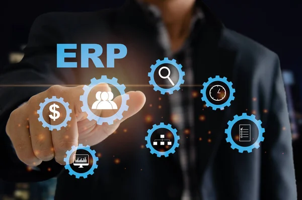 Enterprise Resource Planning Erp 비즈니스 계획을 소프트웨어 시스템이다 화면에서 남자의 — 스톡 사진