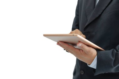 Elinde tablet tutan bir iş adamı. Dijital teknoloji. Boşluğu kopyala