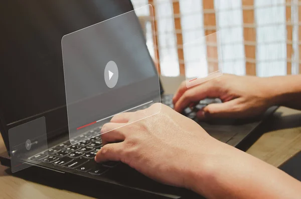 Man Using Computer Laptop Virtual Icon Watching Video Internet Modern — 图库照片