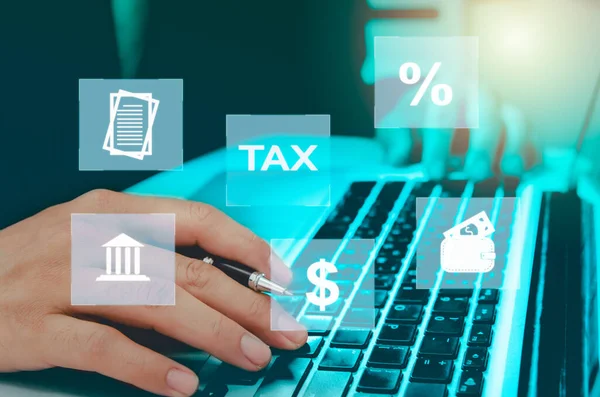 Man Hand Computer Laptop Virtual Icon Business Tax Business Finance — Fotografia de Stock