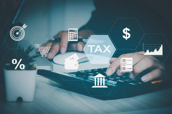 Man Hand Calculator Virtual Icon Business Tax Business Finance Investment — ストック写真