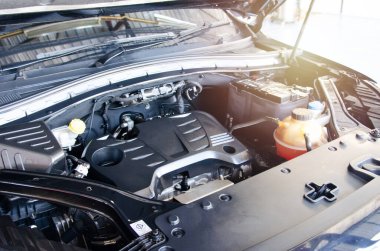 Garajda temiz araba motoru detayı var..