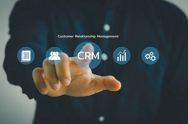 Hand Vidrör Crm Customer Relation Management Automation Systemprogramvara Affärsteknik Virtuell — Stockfoto