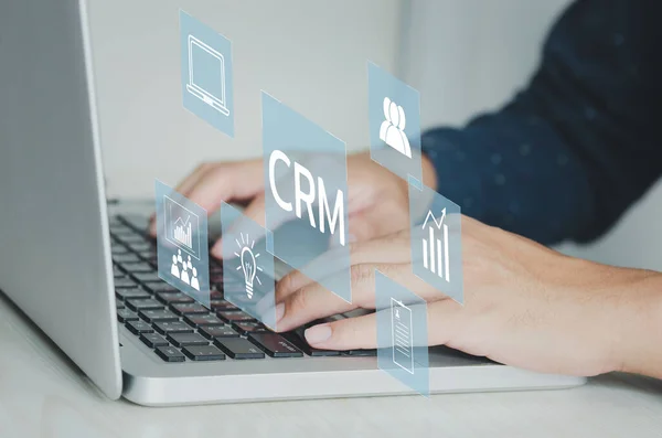 Hand Typing Laptop Concept Icons Crm Customer Relationship Management Business — Stock Photo, Image