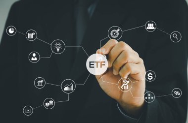 El işadamı ikonu ETF Ticaret Fonu Sanal ekran Internet İş piyasası finans Endeksi Fonu Konsepti.