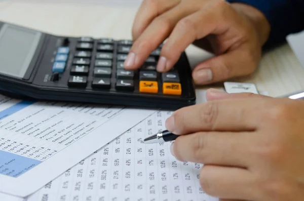 Man Hand Holding Pen Calculator Making Financial Plans Tax Business — Stock Photo, Image