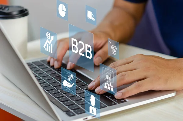 Man Hand Using Laptop Virtual Screen B2B Business Business Icons — Stock Photo, Image
