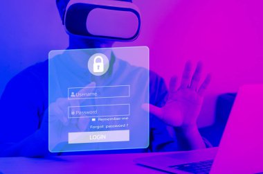 adam laptop kullanıyor modern metaverse giriş parolası dokunmatik ekran konsept teknolojisi.