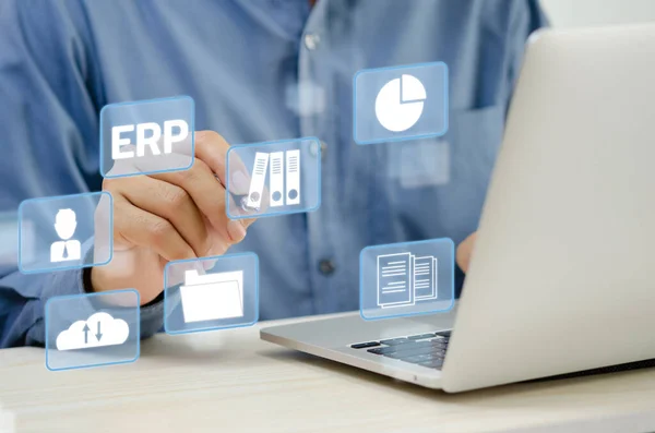 Businessman Touching Virtual Screen Icon Business Erp Enterprise Resource Planning — Stock Photo, Image