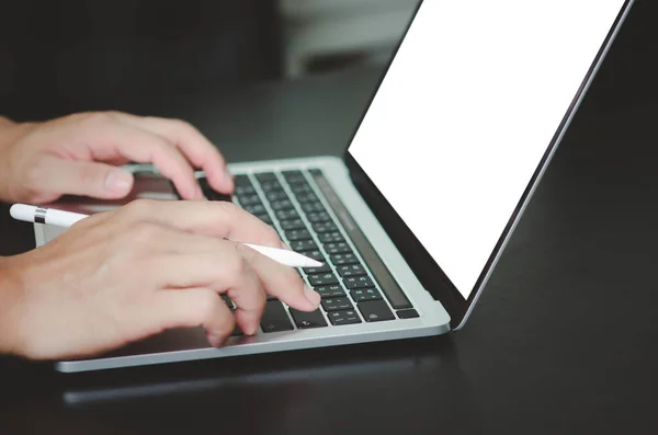 Businessman Using Typing Laptop Blank White Screen Mock —  Fotos de Stock