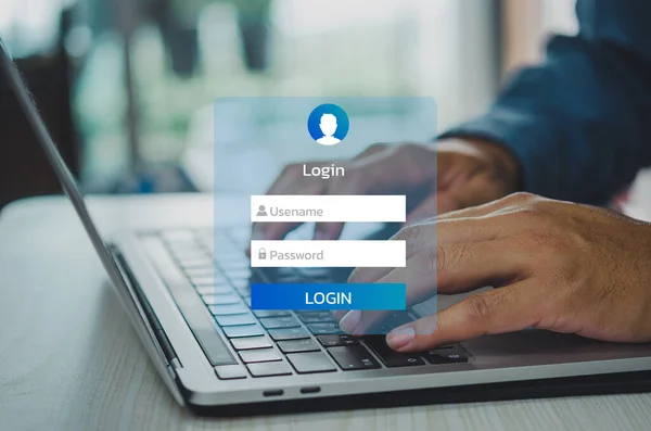 man using kyeboard computer laptop login interface on touch screen. user name and password inputs on virtual digital account online.
