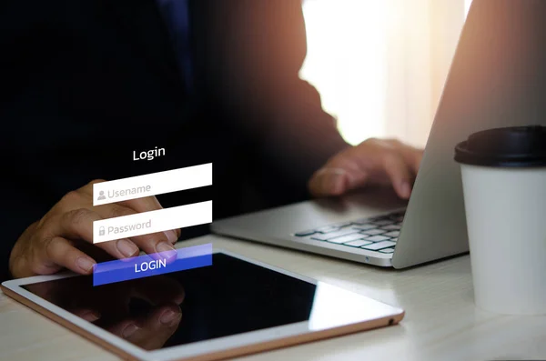 man using login interface on touch screen. user name and password inputs on virtual digital tablet account online.